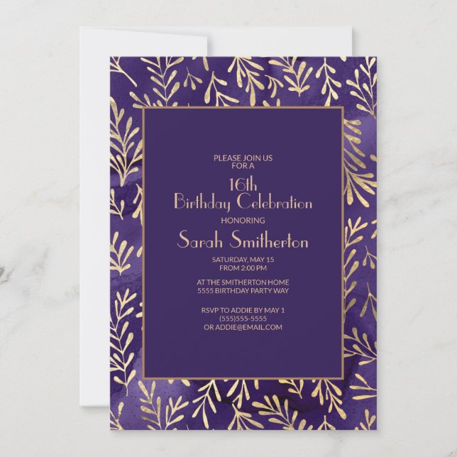 Invitation Feuilles d'or violet élégant 16e anniversaire (Devant)