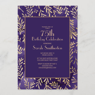 Invitation Feuilles d'or violet élégant 75e anniversaire