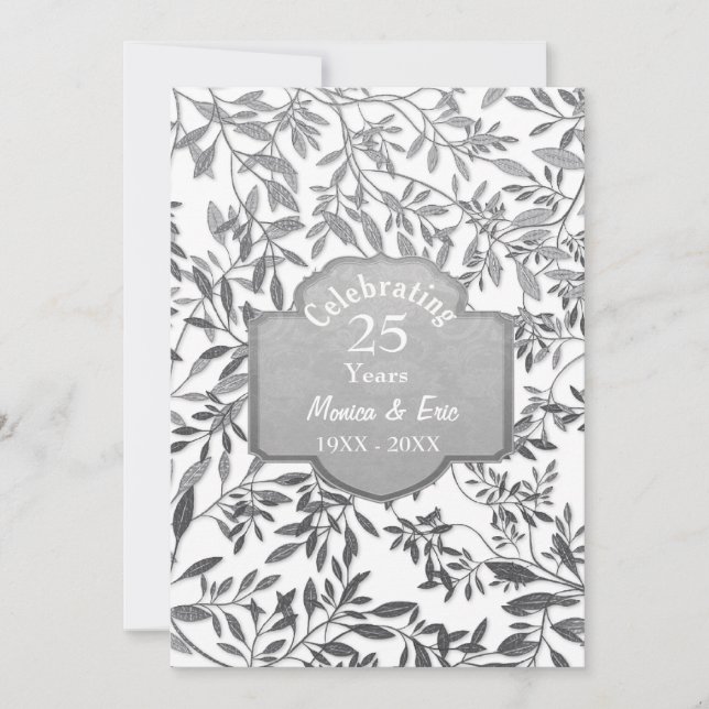 Invitation Feuilles du 25e anniversaire Mariage d'argent Blan (Devant)