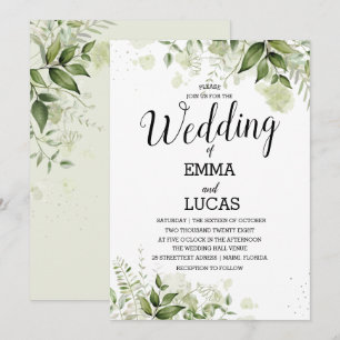 Invitation Feuilles élégants avec Mariage d'aquarelle