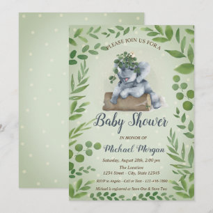 Invitation Feuilles Eléphants mignons, Baby shower de points