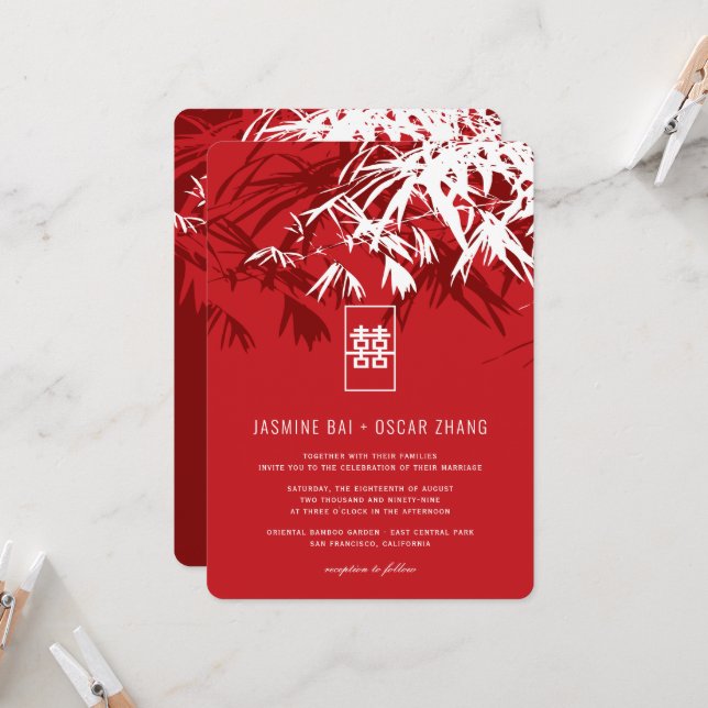 Invitation Feuilles en bambou blanc rouge double Xi Mariage c (Devant/Arrière en situation)