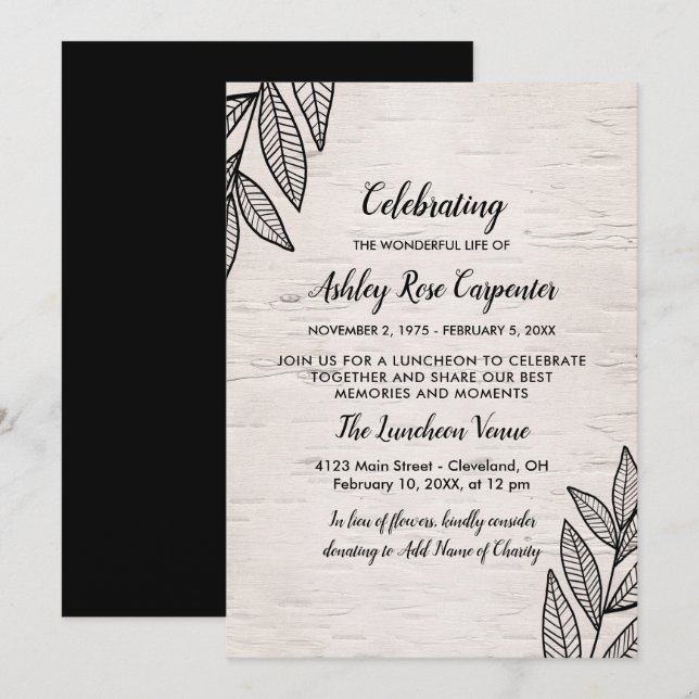 Invitation Feuilles et Birch - Célébration de la vie (Devant / Derrière)