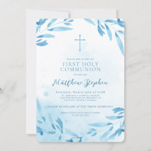 Invitation Feuilles et croix de couleur bleu communion