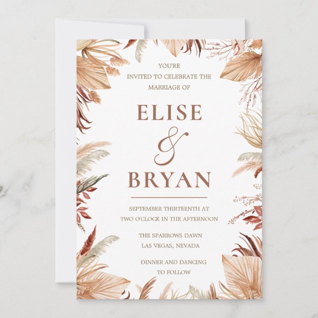 Invitation Feuilles et Mariages floraux bohémiens modernes (Devant)