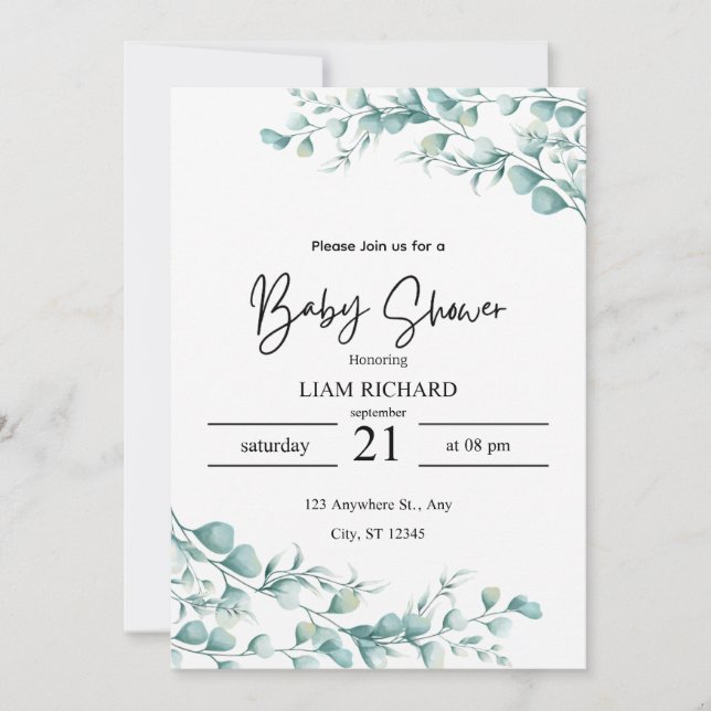 Invitation Feuilles eucalyptus, tons neutres, baby shower (Devant)