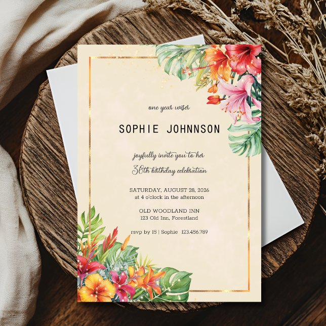 Invitation Feuilles exotiques et anniversaire de fleurs (Créateur téléchargé)