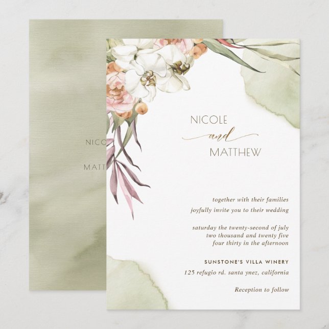 Invitation Feuilles floraux de palmiers, vert et Mariage de p (Devant / Derrière)
