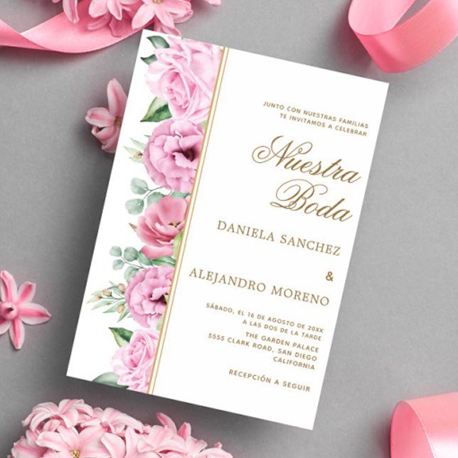 Invitation Feuilles floraux rose Nuestra Boda Mariage espagno (Créateur téléchargé)