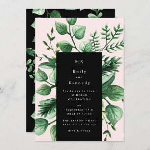 Invitation Feuilles fraîches de verdure Mariage rose noir mod
