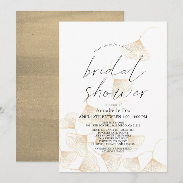 Invitation Feuilles Gold Ginkgo en chute Fête des mariées Dri (Devant / Derrière)