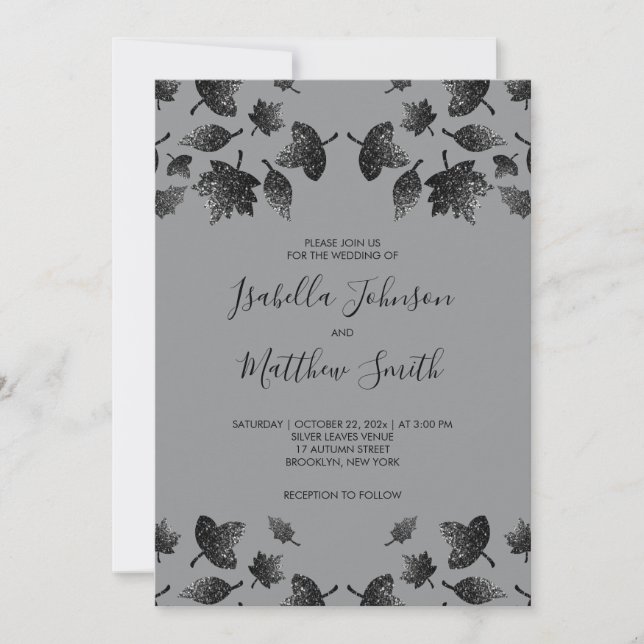 Invitation Feuilles gris brillant en argent automne Mariage d (Devant)