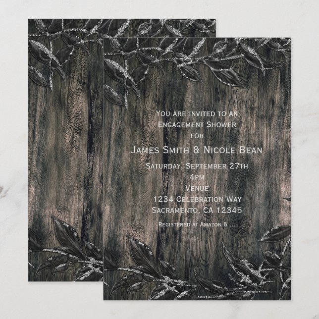 Invitation Feuilles noirs et argentés sombres Élégance Invita (Devant / Derrière)