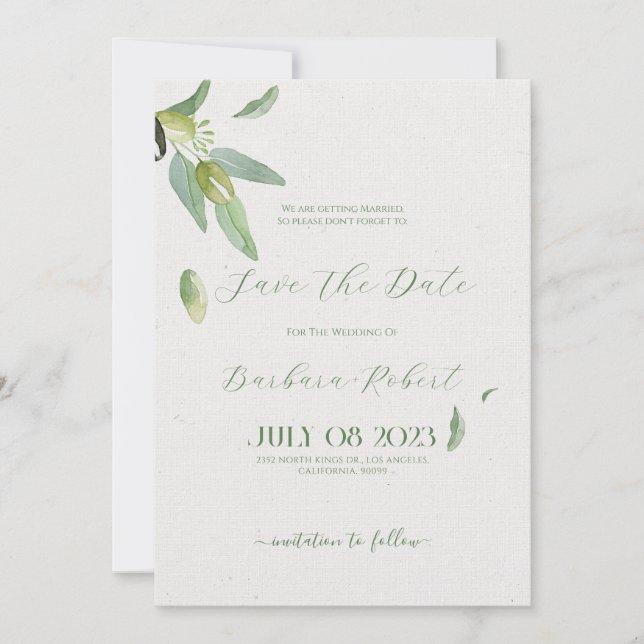 Invitation Feuilles Olive Toscane Chic-Sauver La Date (Devant)