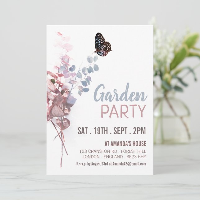 Invitation Feuilles papillons, élégante fête du jardin (Debout devant)
