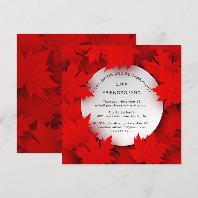 Invitation Feuilles rouges d'amitié | Thanksgiving (Devant / Derrière)