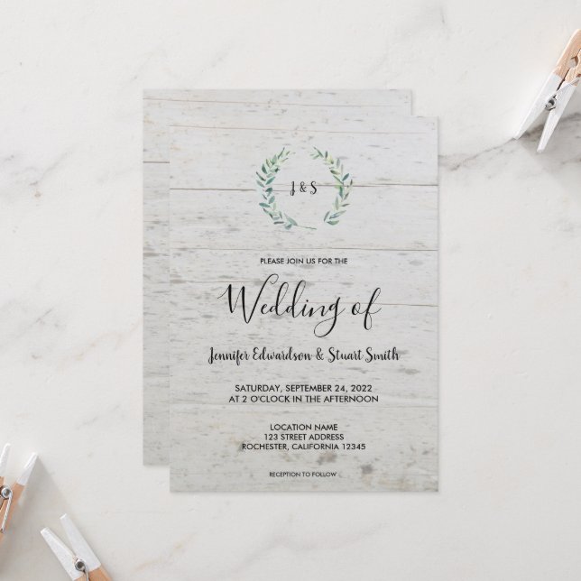 Invitation Feuilles rustiques d'aquarelle sur Mariage de mono (Devant/Arrière en situation)