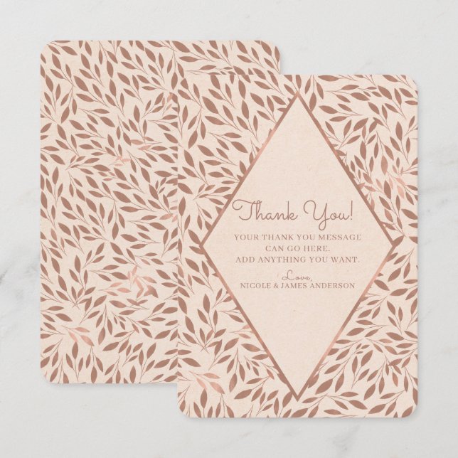 Invitation Feuilles rustiques roses Botanique Glam Merci (Devant / Derrière)