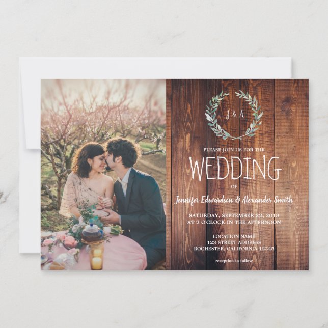 Invitation Feuilles rustiques sur la grange Mariage photo mon (Devant)
