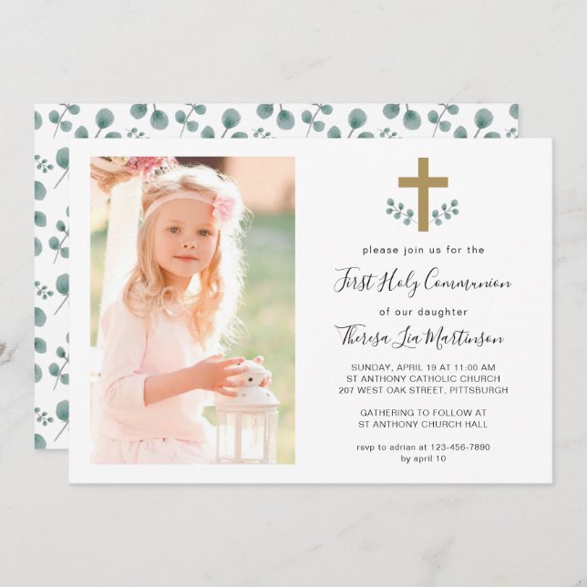 Invitation Feuilles simples avec Croix de la Sainte Communion (Devant / Derrière)