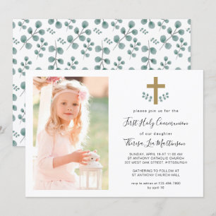 Invitation Feuilles simples avec Croix de la Sainte Communion