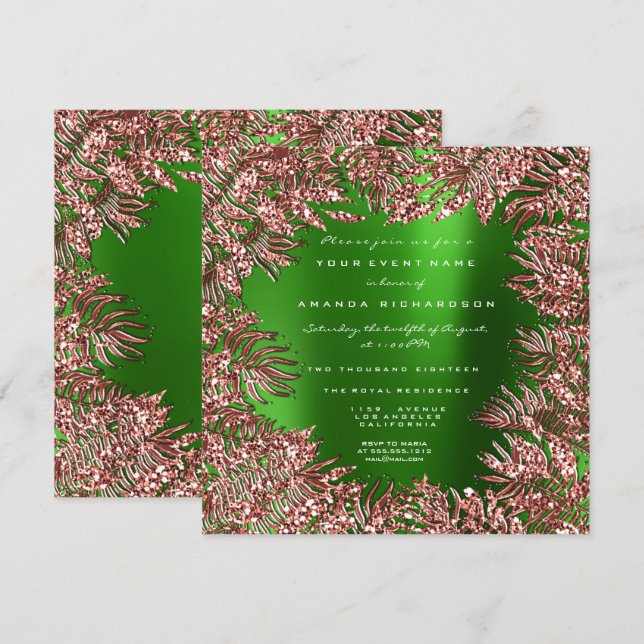 Invitation Feuilles Tropical Fern Cadre Rose Or Cuivre Vert (Devant / Derrière)