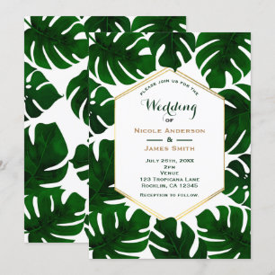 Invitation Feuilles Tropical Vert foncé Blanc & Mariage Or