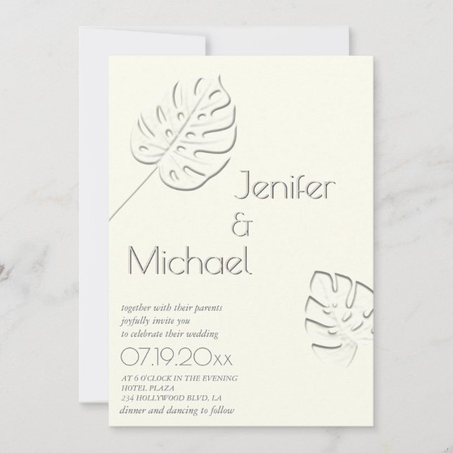 Invitation Feuilles tropicales en relief neutre ivoire toutes (Devant)