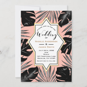 Invitation Feuilles tropicales noires et or corail pêche pour