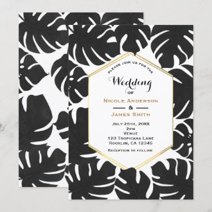 Invitation Feuilles tropicales noires Mariage chic blanc et o