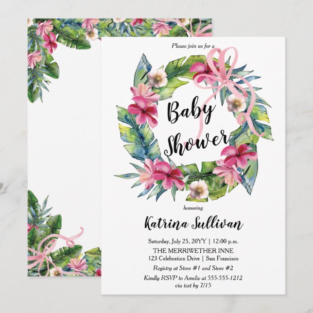 Invitation Feuilles tropicaux | Baby shower rose floral fille (Devant / Derrière)