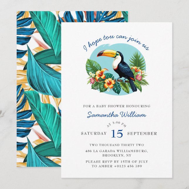 Invitation Feuilles tropicaux Baby shower Toucan (Devant / Derrière)