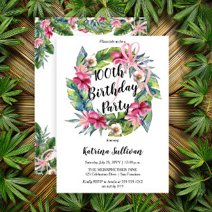 Invitation Feuilles tropicaux  Fleur rose 100e fête d'anniver