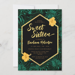 Invitation Feuilles tropicaux Floral Green Sweet sixteen or