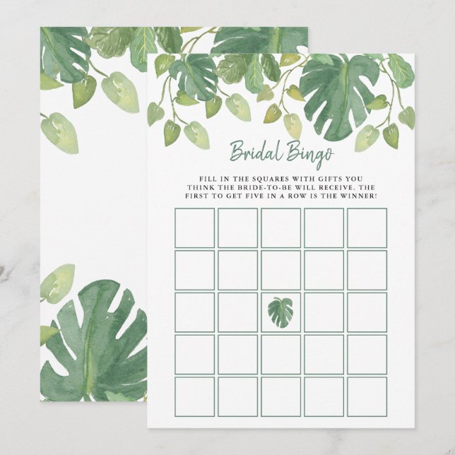 Invitation Feuilles tropicaux| Jeu de bingo Fête de l'mariée (Devant / Derrière)