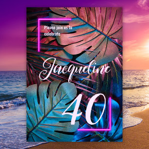 Invitation Feuilles tropicaux personnalisés Neon rose 40e ann