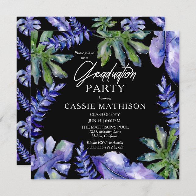 Invitation Feuilles tropicaux pourpres | Green Graduation Par (Devant / Derrière)