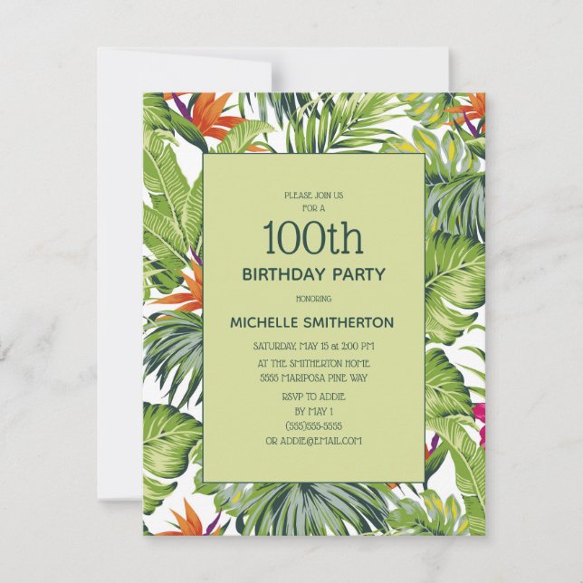 Invitation Feuilles tropicaux rose orange floral 100e anniver (Devant)