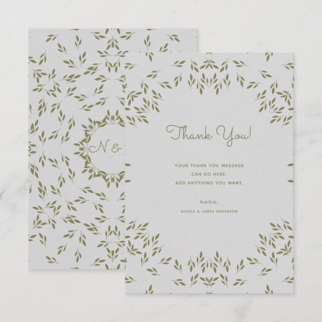 Invitation Feuilles vert olive Mariage rustique merci (Devant / Derrière)
