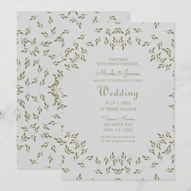 Invitation Feuilles vert olive Moutarde naturelle Mariage rus (Devant / Derrière)