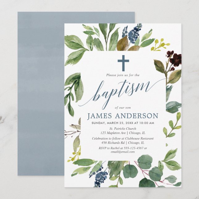 Invitation Feuilles vert verdoyant bleu poussiéreux garçon ba (Devant / Derrière)