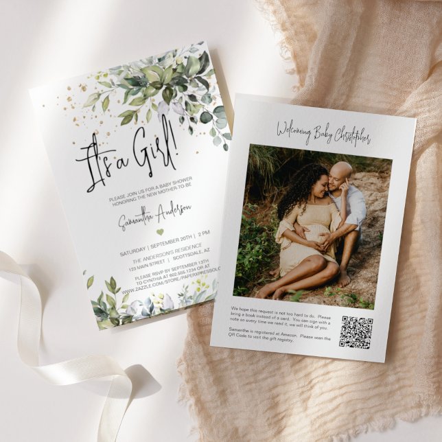 Invitation Feuilles verts C'est une fille Baby shower QR Code (Créateur téléchargé)