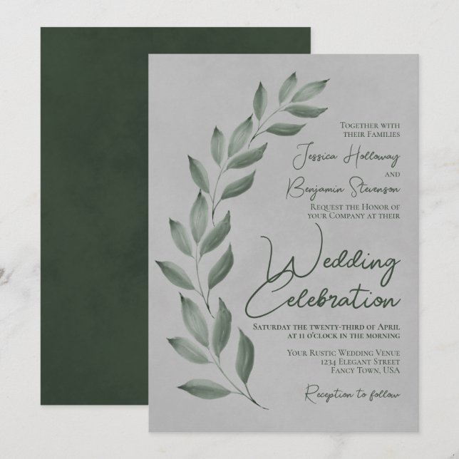 Invitation Feuilles verts de la forêt de script moderne sur M (Devant / Derrière)