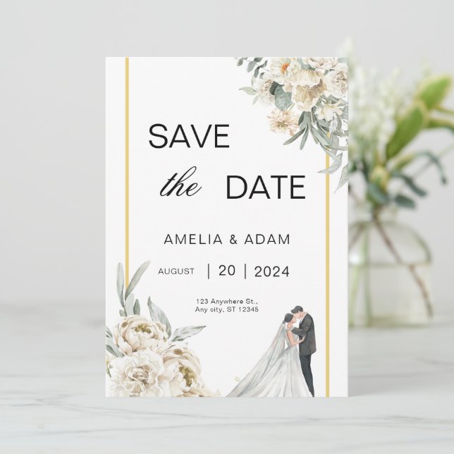 Invitation Feuilles verts et beiges Sauvez le Mariage de date (Debout devant)