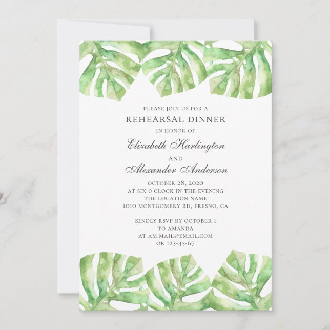 Invitation Feuilles verts exotiques. Dîner de répétition trop (Devant)