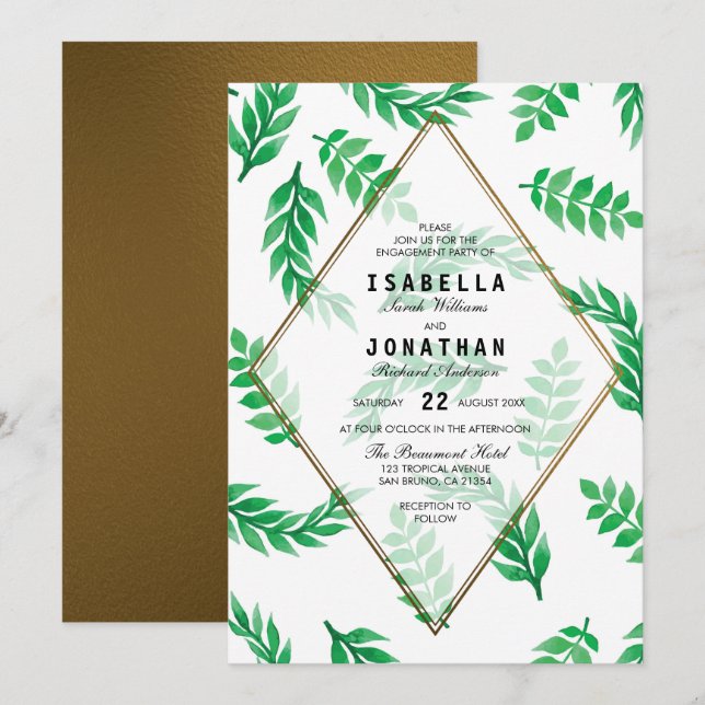 Invitation Feuilles verts| Gold Floral Engagement Party (Devant / Derrière)