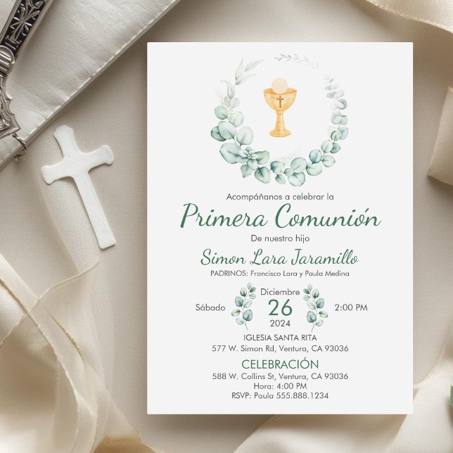 Invitation Feuilles verts mignons en première communion espag (Créateur téléchargé)
