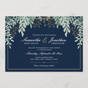 Invitation Feuilles verts Sage sur bleu foncé MARIAGE
