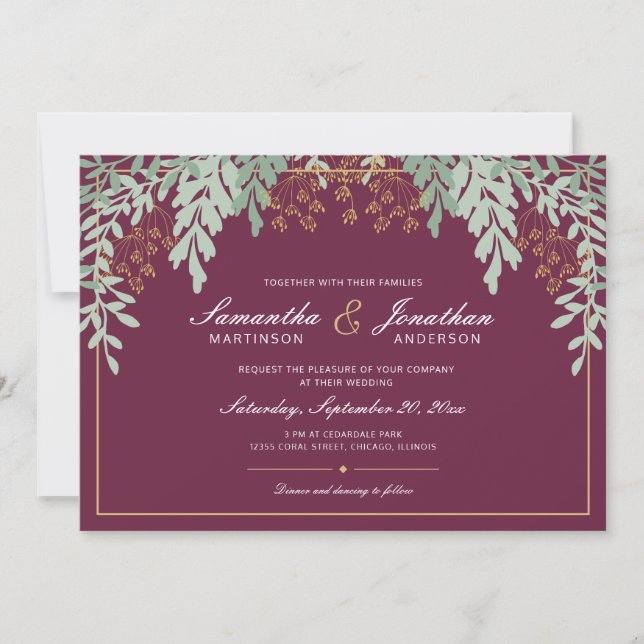 Invitation Feuilles verts Sage sur Mariage Cranberry (Devant)