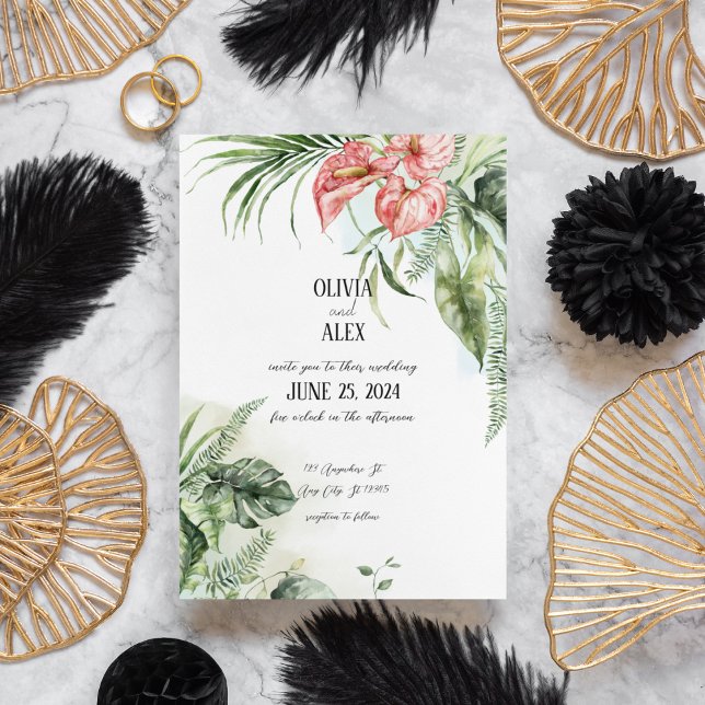 Invitation Feuilles verts tropicaux et fleurs rose anthurium (Créateur téléchargé)